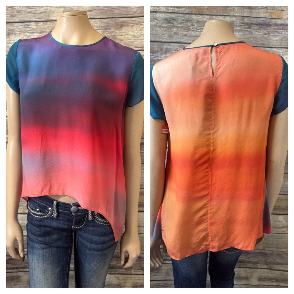 ZAC Zac Posen 100% Silk Blouse size 2 Ombré Hi Lo Short Sleeve NWT